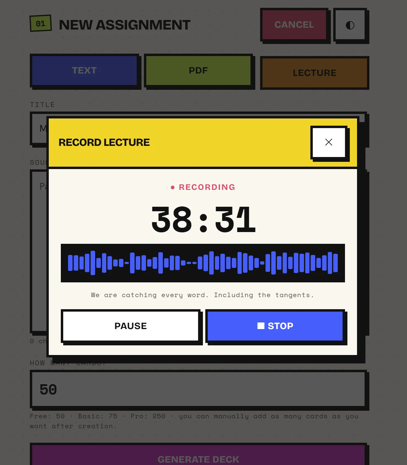 The Lecture Mode recorder in action: a timer at 38 minutes, a live audio waveform bouncing along, and pause and stop buttons.